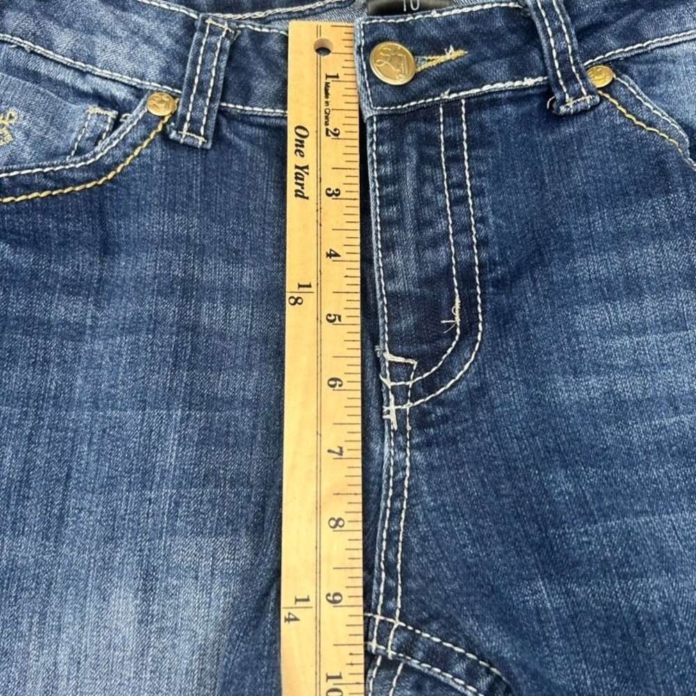 Love Nation Womens 10 Jeans Blue Distressed Straight Leg Embellished Cross Patch - Picture 10 of 13